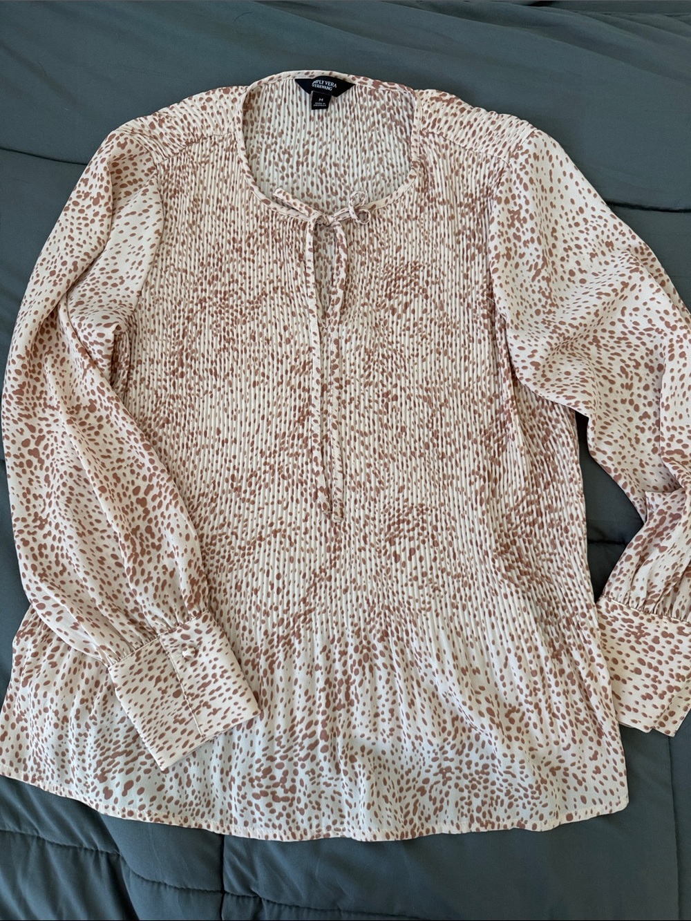 Vera Wang Pebble Print Smocked Peplum Blouse - Cream & Brown